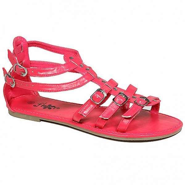Sandals - 6-pair Leather Like Strapped Upper w/ Buckles - Hot Pink - SL-C1025HPK